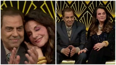 Dharmedra with Mumtaz on Indian Idol 13. Dharmedra with Mumtaz on Indian Idol 13.