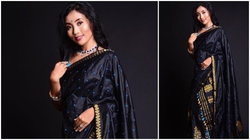 In this picture, Ankita can be seen donning a black and golden handwoven Assam silk mekhela chador. (Instagram/ankita_earthy)