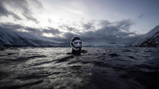Arthur Guerin-Boeri seen in the Spildra Island northern Arctic Circle, on January 25. The Frenchman plunges more than 15 metres (49 feet) through the icy waters of Kvaenangen Fjord to watch the whales, which come to the area to hunt herring. "I'm in the water next to two super-predators that accept me. It's majestic," the 38-year-old told AFP after his first such dive with the mammals.(Olivier Morin / AFP)