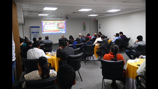 Annual budget screened at MCCIA trade tower on SB road on Wednesday. (Kalpesh Nukte/HT PHOTO)