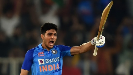 India's Shubman Gill celebrates after scoring a century (100 runs) during the third Twenty20 international cricket match between India and New Zealand at the Narendra Modi stadium in Ahmedabad on February 1, 2023. (Photo by Punit PARANJPE / AFP) / ----IMAGE RESTRICTED TO EDITORIAL USE - STRICTLY NO COMMERCIAL USE-----(AFP)