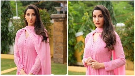 Nora Fatehi earlier treated her Instagram handle of more than 43.9 million followers with stunning photos of herself in a pink salwar suit. This is the same suit she wore in the music video Achha Sila Diya which also features Rajkummar Rao. (Instagram/@norafatehi)