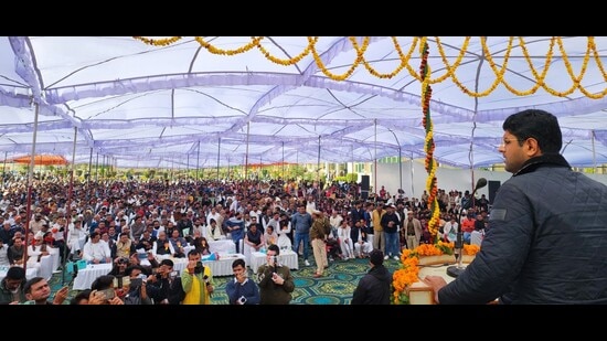 Haryana Deputy CM Dushyant Chautala also attended a programme in Kaithal and announced a grant of ₹51 lakh from his discretionary quota for setting up a digital library and coaching centre at Jat Educational Institutions in Kaithal (HT Photo)