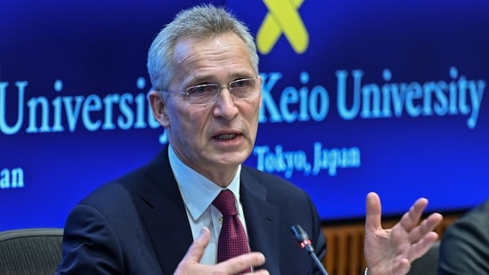 NATO Secretary General Jens Stoltenberg during a visit and presentation at Keio University in Tokyo on February 1, 2023. (AFP)
