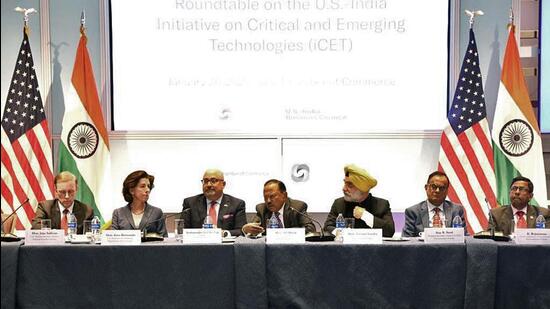 NSA Ajit Doval (centre) addresses the roundtable on Critical and Emerging Technologies hosted by US-India Business Council in Washington on Tuesday. (India in USA/ Twitter) NSA Ajit Doval (centre) addresses the roundtable on Critical and Emerging Technologies hosted by US-India Business Council in Washington on Tuesday. (India in USA/ Twitter)