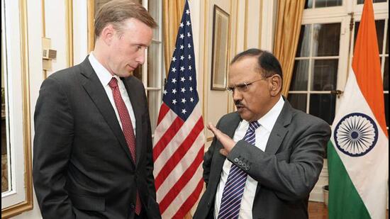NSA Ajit Doval (right) with US national security advisor Jake Sullivan at the India House in Washington on Tuesday. (Taranjit Singh Sandhu/ Twitter)