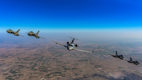 Indigenous AEW&C Netra with four Rafale multi-role fighters fly in 'netra formation' during 2023 Republic Day Celebrations on Thursday, January 26, 2023. (PTI Photo)
