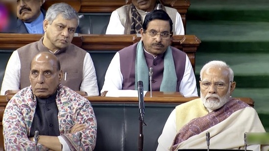 Prime Minister Narendra Modi with defence minister Rajnath Singh and Union ministers Ashwini Vaishnaw and Pralhad Joshi in the Lok Sabha on the first day of the Budget Session of Parliament in New Delhi on Tuesday. (ANI/ SansadTV) Prime Minister Narendra Modi with defence minister Rajnath Singh and Union ministers Ashwini Vaishnaw and Pralhad Joshi in the Lok Sabha on the first day of the Budget Session of Parliament in New Delhi on Tuesday. (ANI/ SansadTV)