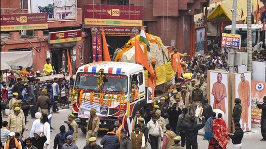 Shaligram stones being dispatched from Gorakhnath Temple in Gorakhpur to Ayodhya on Wednesday. (PTI PHOTO) Shaligram stones being dispatched from Gorakhnath Temple in Gorakhpur to Ayodhya on Wednesday. (PTI PHOTO)