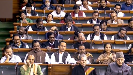 Parliamentarians during presention of the Union Budget 2023-24 in the Lok Sabha, in New Delhi, Wednesday, Feb 1, 2023.(PTI)