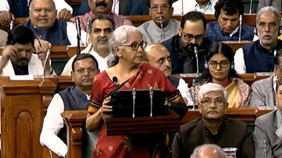 Finance minister Nirmala Sitharaman presents Union Budget 2023-24 in Lok Sabha.(Twitter/ANI)