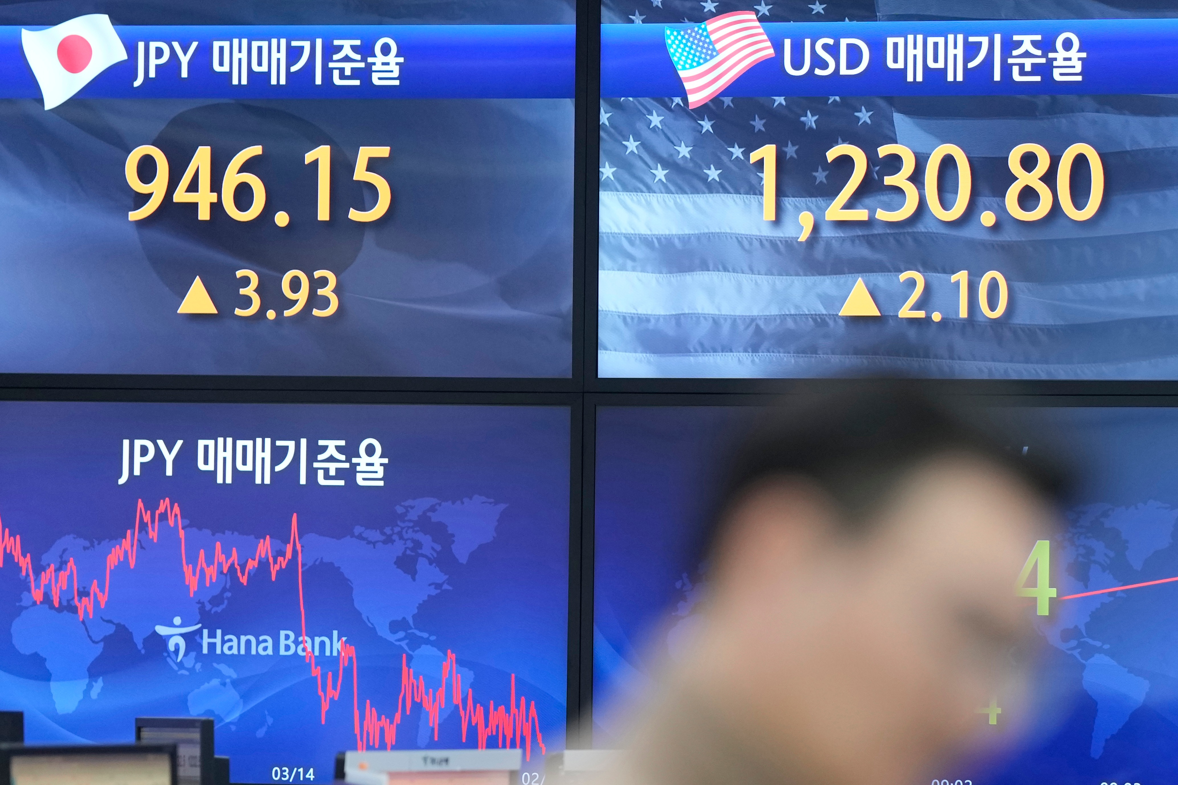 A currency trader walks by the screens showing the foreign exchange rates at a foreign exchange dealing room in Seoul, South Korea, Wednesday, Feb. 1, 2023. (AP)