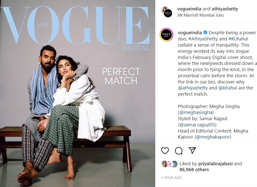 Athiya Shetty with KL Rahul on their first magazine cover together.