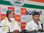 AICC general secretary and Karnataka Congress in-charge Randeep Surjewala with Karnataka Congress chief DK Shivakumar and Leader of Opposition in Karnataka Assembly Siddaramaiah during a press conference, in Bengaluru. (PTI) AICC general secretary and Karnataka Congress in-charge Randeep Surjewala with Karnataka Congress chief DK Shivakumar and Leader of Opposition in Karnataka Assembly Siddaramaiah during a press conference, in Bengaluru. (PTI)