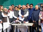 Leader of Opposition Mallikarjun Kharge with other opposition parties MPs addresses the media at Vijay Choek during the Budget Session of Parliament, in New Delhi, Thursday.