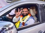 Nagpur: MVA's candidate Sudhakar Adbale flashes the victory sign after winning from Nagpur teachers' seat in the Maharashtra Legislative Council elections.(PTI) Nagpur: MVA's candidate Sudhakar Adbale flashes the victory sign after winning from Nagpur teachers' seat in the Maharashtra Legislative Council elections.(PTI)