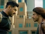 John Abraham and Shah Rukh Khan in Pathaan. John Abraham and Shah Rukh Khan in Pathaan.