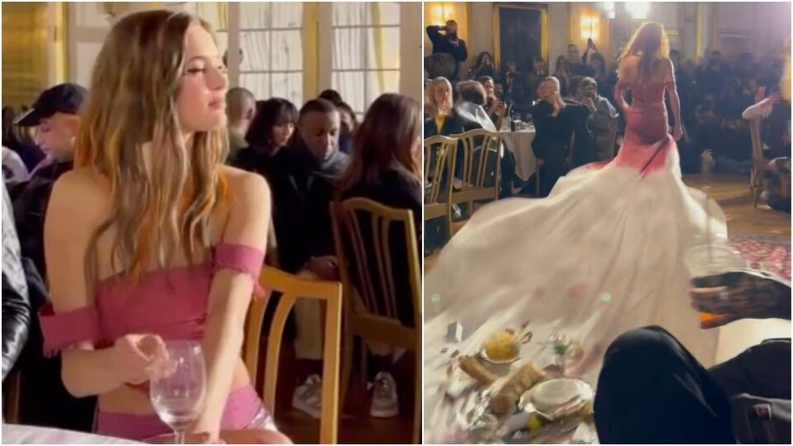 Model leaves everyone shocked as she drags tablecloth, food connected to  dress at Copenhagen fashion week. Viral video | Fashion Trends