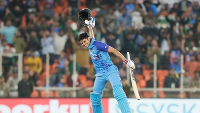 Ahmedabad, Feb 01 (ANI): India's Shubman Gill celebrates his maiden T20I century during the 3rd T20 match against New Zealand, at Narendra Modi Stadium, in Ahmedabad on Wednesday. (ANI Photo) (ANI) Ahmedabad, Feb 01 (ANI): India's Shubman Gill celebrates his maiden T20I century during the 3rd T20 match against New Zealand, at Narendra Modi Stadium, in Ahmedabad on Wednesday. (ANI Photo) (ANI)