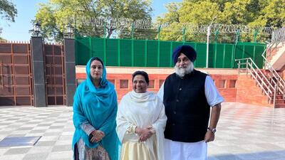 Bahujan Samaj Party chief Mayawati meeting Shiromani Akali Dal president Sukhbir Singh Badal and former Union minister Harsimrat Kaur Badal at her residence in New Delhi. (SOURCED IMAGE) Bahujan Samaj Party chief Mayawati meeting Shiromani Akali Dal president Sukhbir Singh Badal and former Union minister Harsimrat Kaur Badal at her residence in New Delhi. (SOURCED IMAGE)