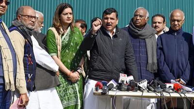 Leader of Opposition in Rajya Sabha Mallikarjun Kharge, Sanjay Singh (AAP ) with other opposition party leaders address the media at Vijay Chowk on Thursday. (HT Photo/Raj K Raj) Leader of Opposition in Rajya Sabha Mallikarjun Kharge, Sanjay Singh (AAP ) with other opposition party leaders address the media at Vijay Chowk on Thursday. (HT Photo/Raj K Raj)
