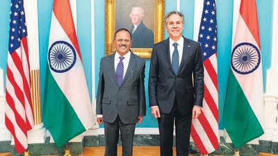 National Security Advisor Ajit Doval with US Secretary of State Antony Blinken at the US Department of State, in Washington.