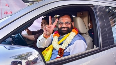 Nagpur: MVA's candidate Sudhakar Adbale flashes the victory sign after winning from Nagpur teachers' seat in the Maharashtra Legislative Council elections. (PTI) Nagpur: MVA's candidate Sudhakar Adbale flashes the victory sign after winning from Nagpur teachers' seat in the Maharashtra Legislative Council elections. (PTI)