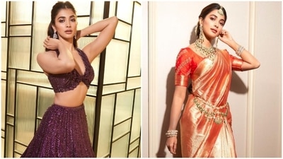 Pooja Hegde wears purple lehenga for brother's sangeet, silk saree for wedding. (Instagram) Pooja Hegde wears purple lehenga for brother's sangeet, silk saree for wedding. (Instagram)