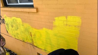 The wall of the Gaur Shankar Mandir in Brampton which was spray-painted with pro-Khalistan, anti-India graffiti in the early hours of Monday. Volunteers covered the graffiti in the day but it remained partially visible. (Courtesy: Gauri Shankar Mandir) The wall of the Gaur Shankar Mandir in Brampton which was spray-painted with pro-Khalistan, anti-India graffiti in the early hours of Monday. Volunteers covered the graffiti in the day but it remained partially visible. (Courtesy: Gauri Shankar Mandir)
