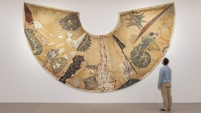 Postulates from a Restless Radius, 2021: Using acrylic, gesso, lacquer, charcoal, and watercolor pencil on linen, this work draws its shape from the conic Albers projection of the Earth. With a hand-drawn graph beneath the imagery, the work begins as an unstable, cross-sectional grid in pencil that opens up the globe on a flat plane. In place of planetary geography. “I see them as transcripts of the conversation between wind and fire and an exploratory abstraction of forms that suggest signatures of growth and entropy,” Kallat says. A different way of seeing the world, then, and the disorder and randomness it contains. (Courtesy: Jitish Kallat)