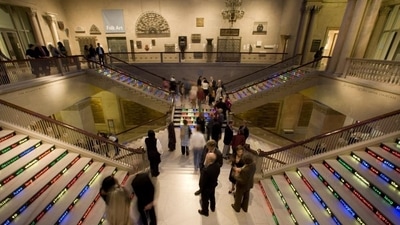 Public Notice 3, 2010: This installation was erected at the grand staircase of the Art Institute of Chicago, where Swami Vivekananda delivered his groundbreaking speech at the World’s Parliament of Religions in 1893. The speech, about Hinduism and religious tolerance, was delivered exactly 108 years before the 9/11 attacks on New York, which would make that date synonymous with terror. Public Notice 3, created using LED bulbs, wires and rubber, illuminated Vivekananda’s words on the risers of the staircase in five colors — green, blue yellow, orange and red, the colors of the post-9/11 homeland security alerts denoting terror-threat levels. (Courtesy: Jitish Kallat)