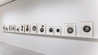 Rain Study (The Hour of the Day of the Month of the Season), 2016-18: This series of work of graphite and acrylic epoxy on paper consists of drawings that resemble star fields and other astronomical imagery. They were created by exposing the paper briefly to rain, then overlaying it with fast-drying paint. Each work bears the letters BC and a number denoting the duration for which it was exposed to the rain, measured in breath cycles of the artist. (Courtesy: Jitish Kallat)
