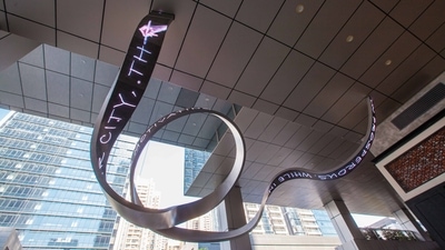 Causal Loop (Tomorrow Was Here Yesterday), 2017: This 100m-long permanent video installation, displayed like a scroll suspended from the ceiling, zigzags across five floors of the MixC mall in Shenzhen. A fishing village of just 30,000 until as recently as the late 1970s, Shenzhen is now one of the largest ports and manufacturing and IT hubs in China. The text on the installation appears as if wrought by a Chinese calligrapher, alternating in English and Hanzi, one being erased as another takes shape. The script reads, “A scribe travelled back in time to witness the much-discussed transformation in a glorious, ancient city that had rapidly grown prosperous. While in the city he became its mayor, motivating the residents to transform their city, the very changes that would inspire him to travel back in time.” (Courtesy: Jitish Kallat)