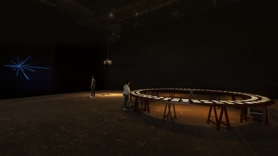 Covering Letter (Terranum Nuncius), 2018-20: This large installation consists of 116 multi-scopic prints on plexiglass integrated with LED lighting, speakers and video projections, all of which come together to showcase sounds and images of life on Earth. The concept draws from the Golden Records sent out into the universe on the Voyager 1 and Voyager 2 NASA space probes in 1977. The idea with those records was to give extraterrestrial life forms a sense of the most precious aspects of life on Earth (music, nature, rain). The Latin title of the art work flips the mission. Terranum Nuncius means Earthly Messenger, with the work serving as a reminder that we should try not to lose sight of what we hold dear. (Courtesy: Jitish Kallat)