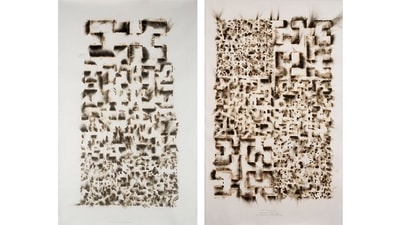 Wind Study (Hilbert Curve), 2017: This work derives its form from Hilbert Curves, continuous, space-filling curves widely used in computer science while working with 2D images and named after mathematician David Hilbert. Wind Study was made using burnt adhesive, aquarelle pencil and graphite on paper, with the burnt adhesive forming a single curling line that extends across the work unbroken. One bit at a time, sections were doused in a flammable liquid and set aflame. As the adhesive transitioned from liquid to semi-solid to dark fumes, it was also shaped by the movement of the wind at the time, trapping a moment, in essence, for as long as the work survives. (Courtesy: Jitish Kallat)