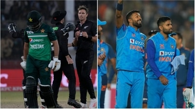 Babar Azam walks after being dismissed during ODI series vs NZ; Hardik Pandya and Suryakumar Yadav celebrate T20I series win against New Zealand (AP) Babar Azam walks after being dismissed during ODI series vs NZ; Hardik Pandya and Suryakumar Yadav celebrate T20I series win against New Zealand (AP)
