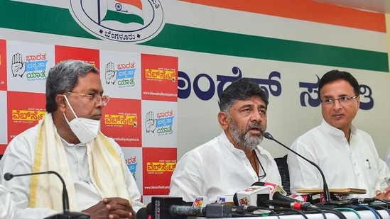 AICC general secretary and Karnataka Congress in-charge Randeep Surjewala with Karnataka Congress chief DK Shivakumar and Leader of Opposition in Karnataka Assembly Siddaramaiah during a press conference, in Bengaluru. (PTI)