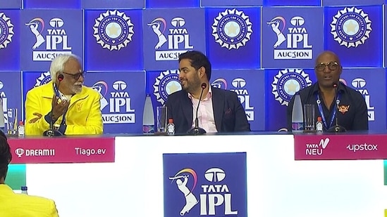 Mumbai Indians Owner Akash Ambani, Chennai Super Kings (CSK) CEO Kasi Viswanathan and SunRisers Hyderabad head coach Brian Lara during a joint press conference of IPL 2023 Auction(ANI/ IPL)
