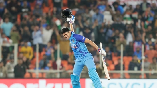 Ahmedabad, Feb 01 (ANI): India's Shubman Gill celebrates his maiden T20I century during the 3rd T20 match against New Zealand, at Narendra Modi Stadium, in Ahmedabad on Wednesday. (ANI Photo) 