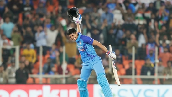 Ahmedabad, Feb 01 (ANI): India's Shubman Gill celebrates his maiden T20I century during the 3rd T20 match against New Zealand, at Narendra Modi Stadium, in Ahmedabad on Wednesday. (ANI Photo) (ANI)