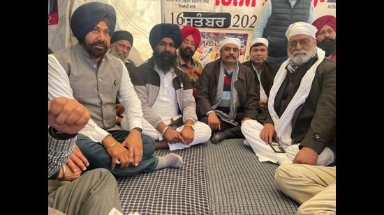 Aam Aadmi Party MLA Kunwar Vijay Pratap Singh (centre) at Behbal Insaaf Morcha in Faridkot on Thursday.