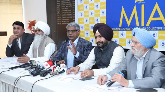 Members of Mohali Industries Association during a conference at the Chandigarh Press Club on Thursday. (HT Photo)