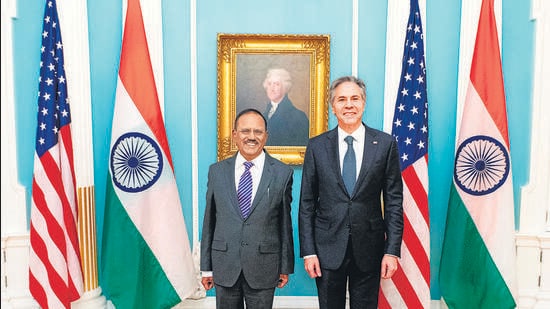 National Security Advisor Ajit Doval with US Secretary of State Antony Blinken at the US Department of State, in Washington.