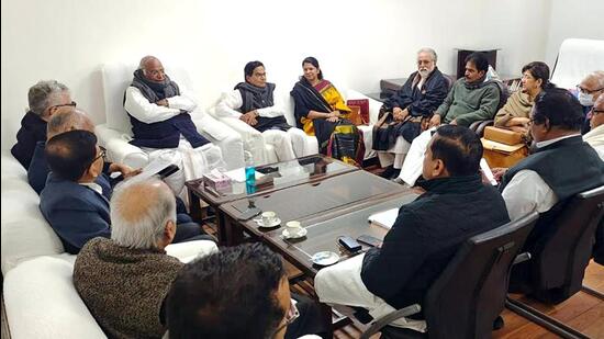 Opposition parties during a meeting in the chamber of Congress president Mallikarjun Kharge on Thursday. (ANI)