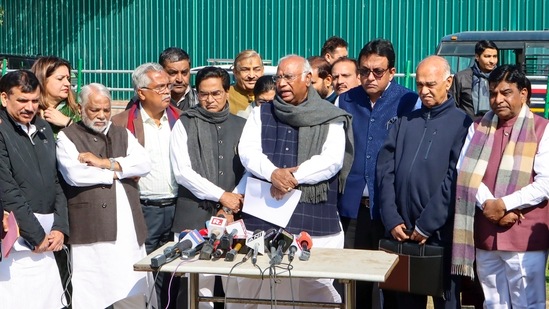 Leader of Opposition Mallikarjun Kharge with other opposition parties MPs addresses the media at Vijay Choek during the Budget Session of Parliament, in New Delhi, Thursday.(PTI) Leader of Opposition Mallikarjun Kharge with other opposition parties MPs addresses the media at Vijay Choek during the Budget Session of Parliament, in New Delhi, Thursday.(PTI)