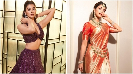 Pooja Hegde wears purple lehenga for brother's sangeet, silk saree for wedding. 