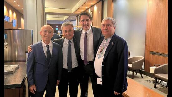 Uyghur leaders with Canadian Prime Minister Justin Trudeau in Ottawa on January 30. (Mehmet Tohti/Twitter)