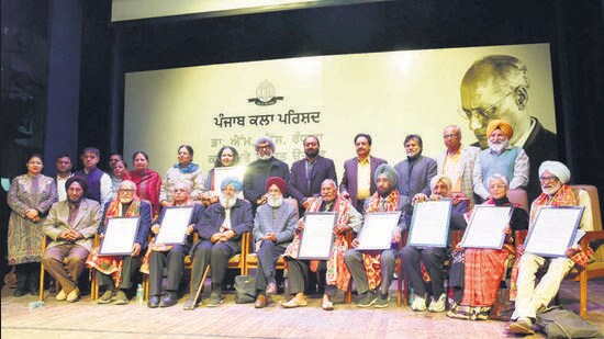 Winners of Punjab Gaurav Samman posing after the award ceremony at Punjab Kala Bhawan in Chandigarh on Thursday. (Ravi Kumar/ht)