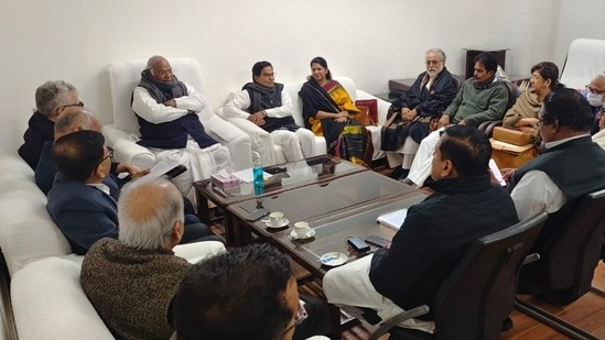 MPs of like-minded opposition parties in a meeting at Leader of Opposition Mallikarjun Kharge's chamber in Parliament House during Budget Session, in New Delhi, Thursday, Feb. 2, 2023.(PTI) MPs of like-minded opposition parties in a meeting at Leader of Opposition Mallikarjun Kharge's chamber in Parliament House during Budget Session, in New Delhi, Thursday, Feb. 2, 2023.(PTI)