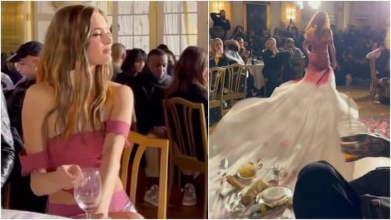 Model leaves everyone shocked as she drags tablecloth, food connected to dress. (Instagram) Model leaves everyone shocked as she drags tablecloth, food connected to dress. (Instagram)